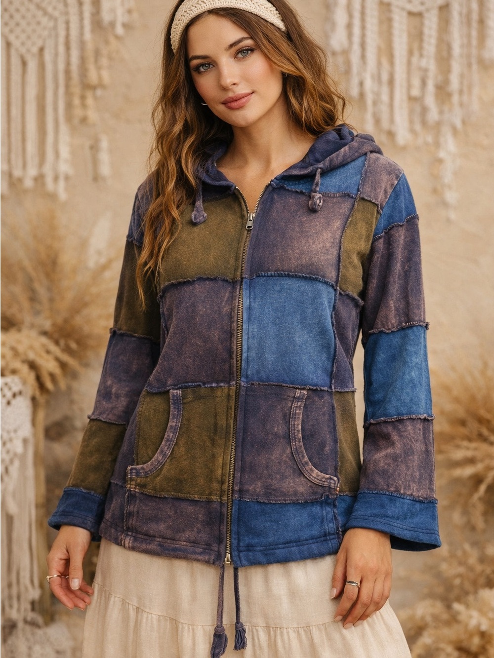 Kathmandu Patchwork Cotton Hooded Zip Jacket in Blue & Olive